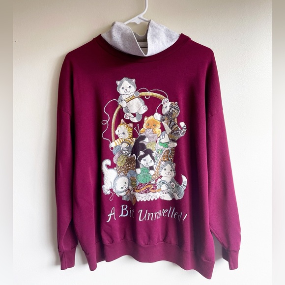 Vintage 90s Burgundy Yarn Kit Kitty Cat A Bit Unraveled Sweatshirt Phoebe Buffay - Picture 3 of 7